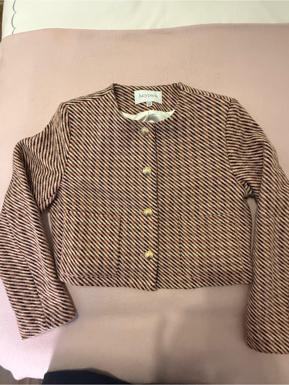 Lucy Paris Pink and Black Striped Cropped Jacket with Gold Button